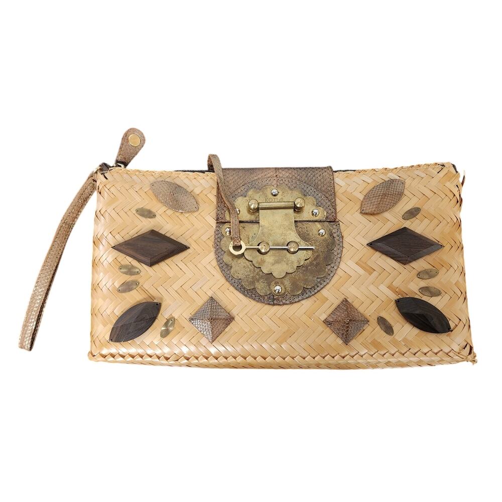 Vintage Kotur Womens Woven Wicker & Geometric Wooden Embellished Wrislet Purse